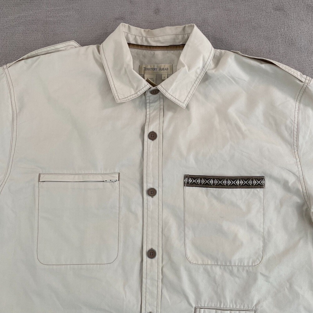 The Territory Ahead Safari Shirt Men Large Beige Aztec Geometric Outdoor SS NWOT